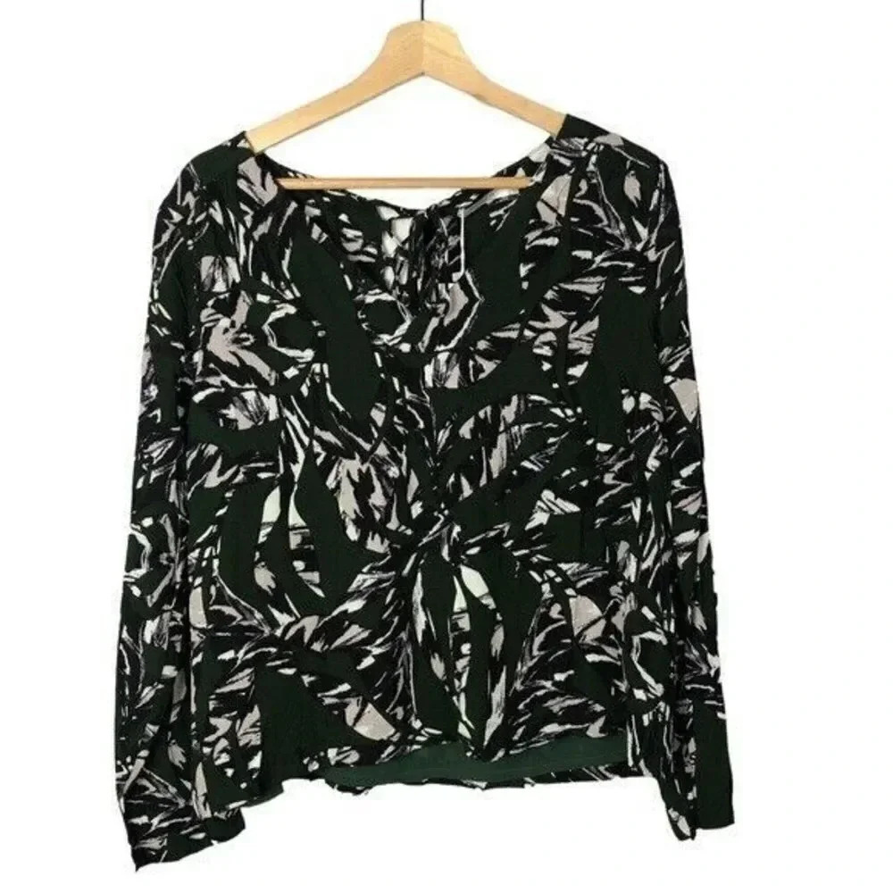 FRNCH Green Black White Abstract Print Long Sleeve Blouse